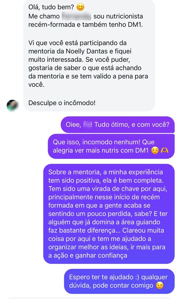 Print de conversa no Direct: uma nutricionista recém-formada pergunta a uma mentorada se a mentoria tem valido a pena, e a mentorada responde que tem sido uma virada de chave